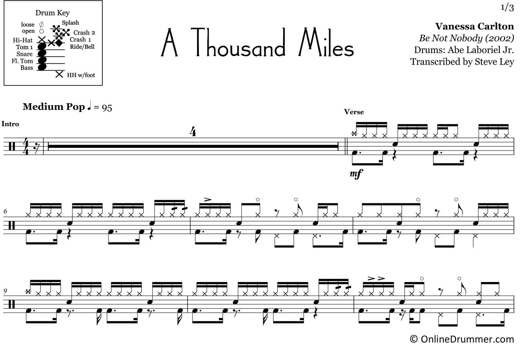A Thousand Miles - Vanessa Carlton - Drum Sheet Music - Image 3