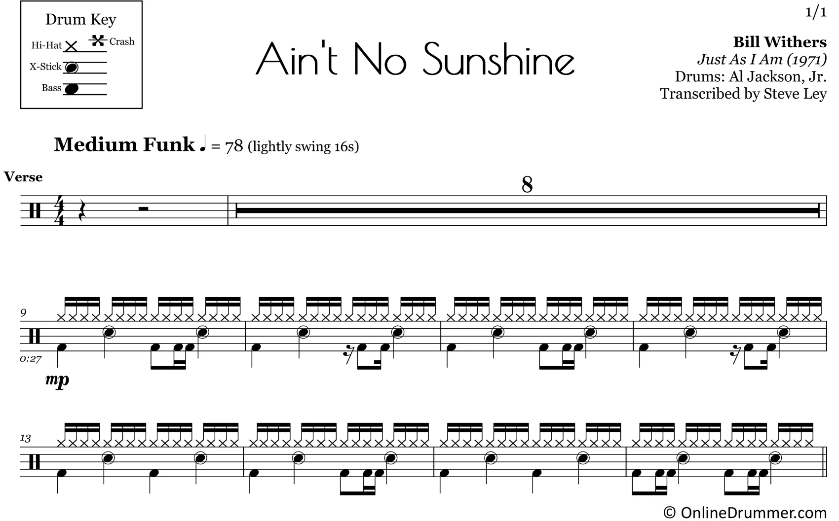 Ain't No Sunshine - Bill Withers - Drum Sheet Music - Image 3