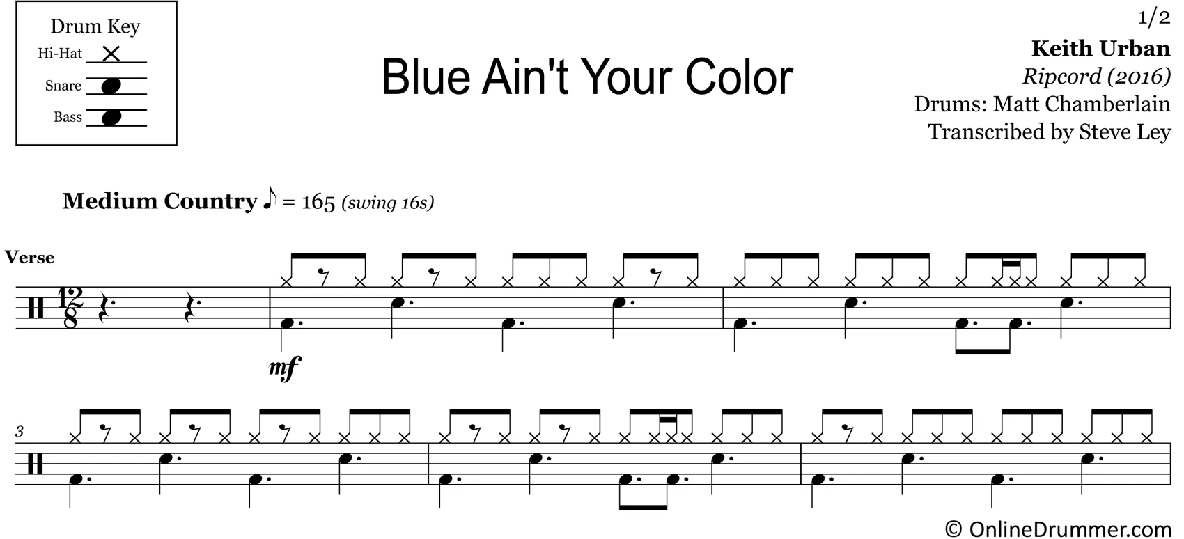 Blue Ain't Your Color - Keith Urban - Drum Sheet Music - Image 3