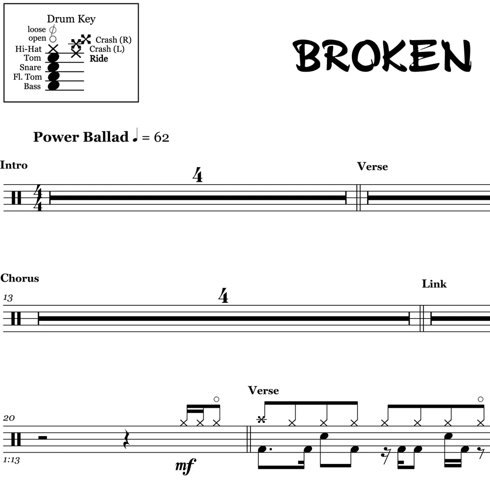 Broken - Seether ft. Amy Lee- Drum Sheet Music - Image 2
