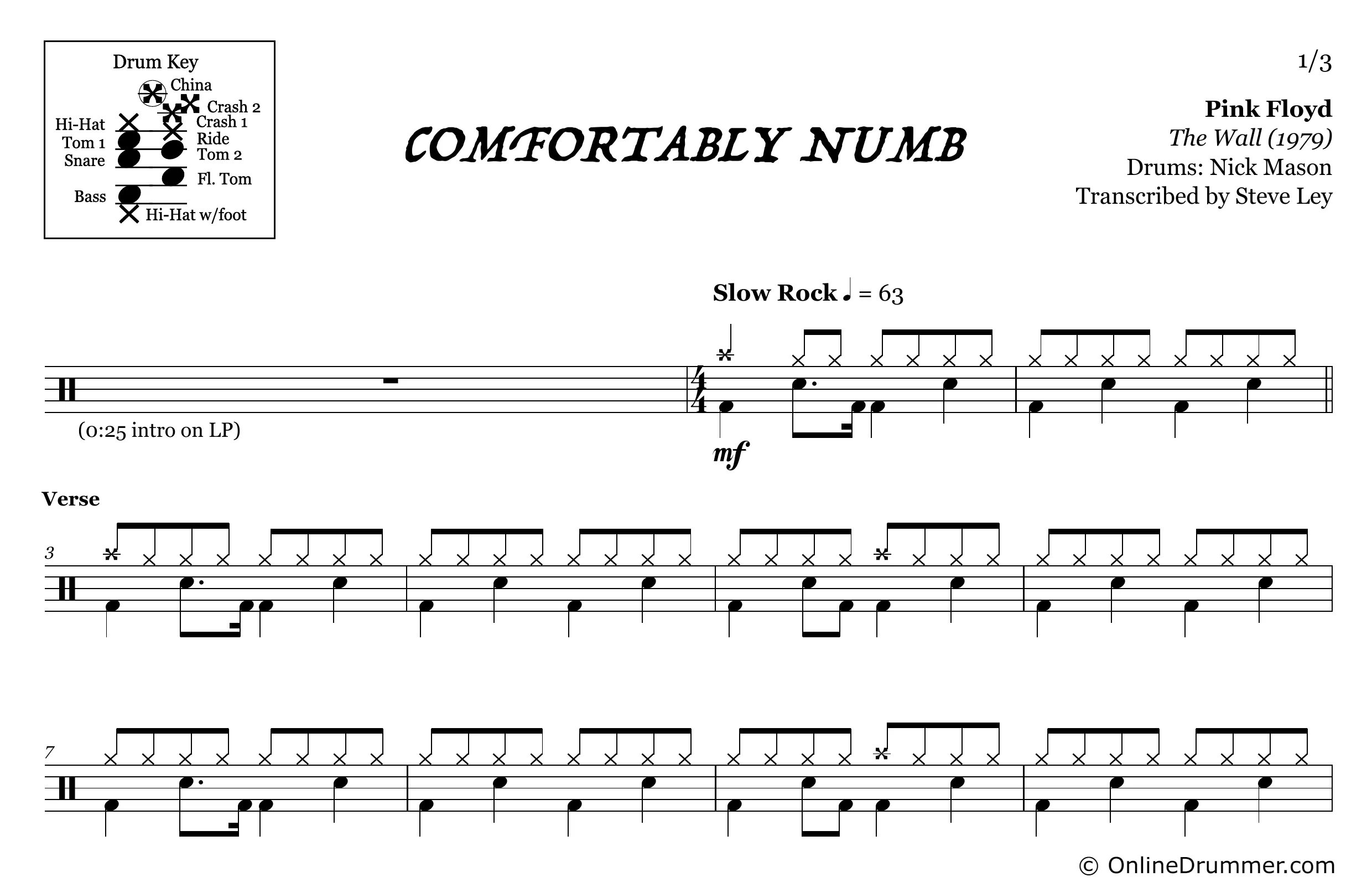 Comfortably Numb - Pink Floyd - Drum Sheet Music - Image 3