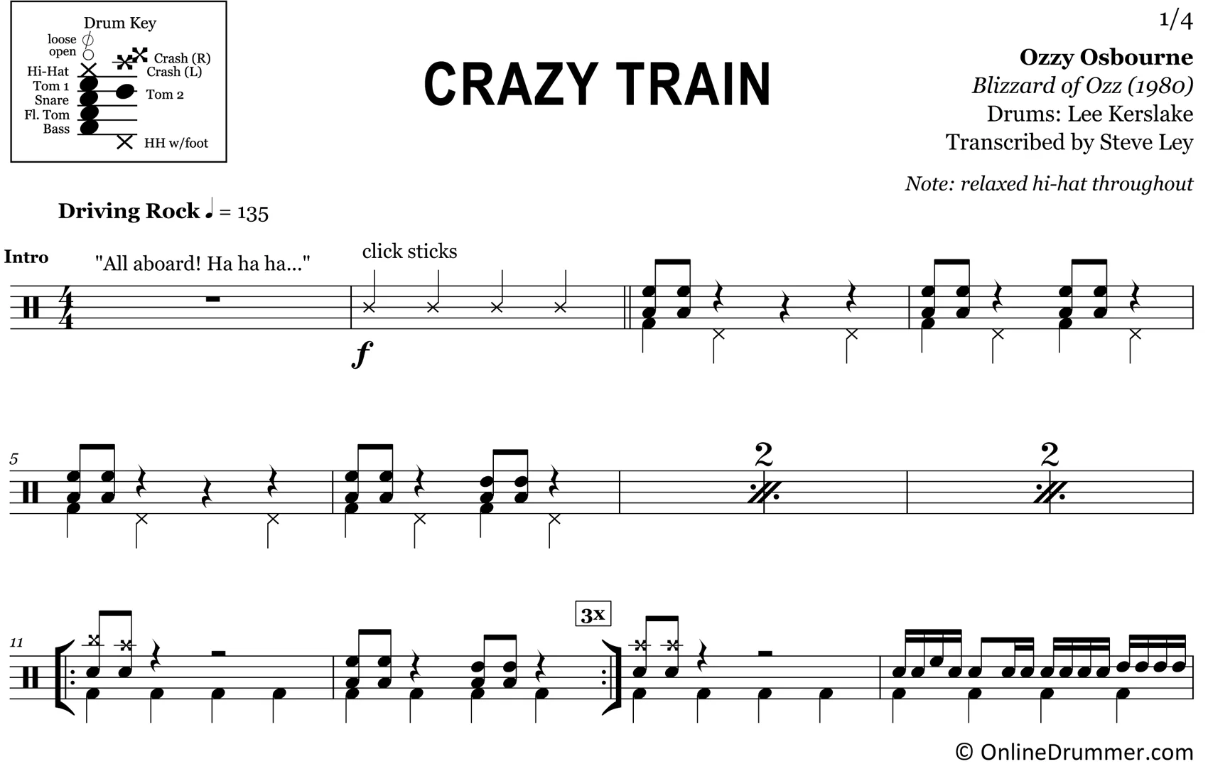Crazy Train - Ozzy Osbourne - Drum Sheet Music - Image 3