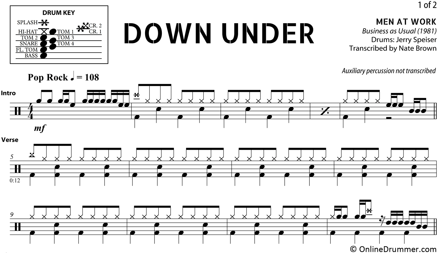 Down Under - Men at Work - Drum Sheet Music - Image 3