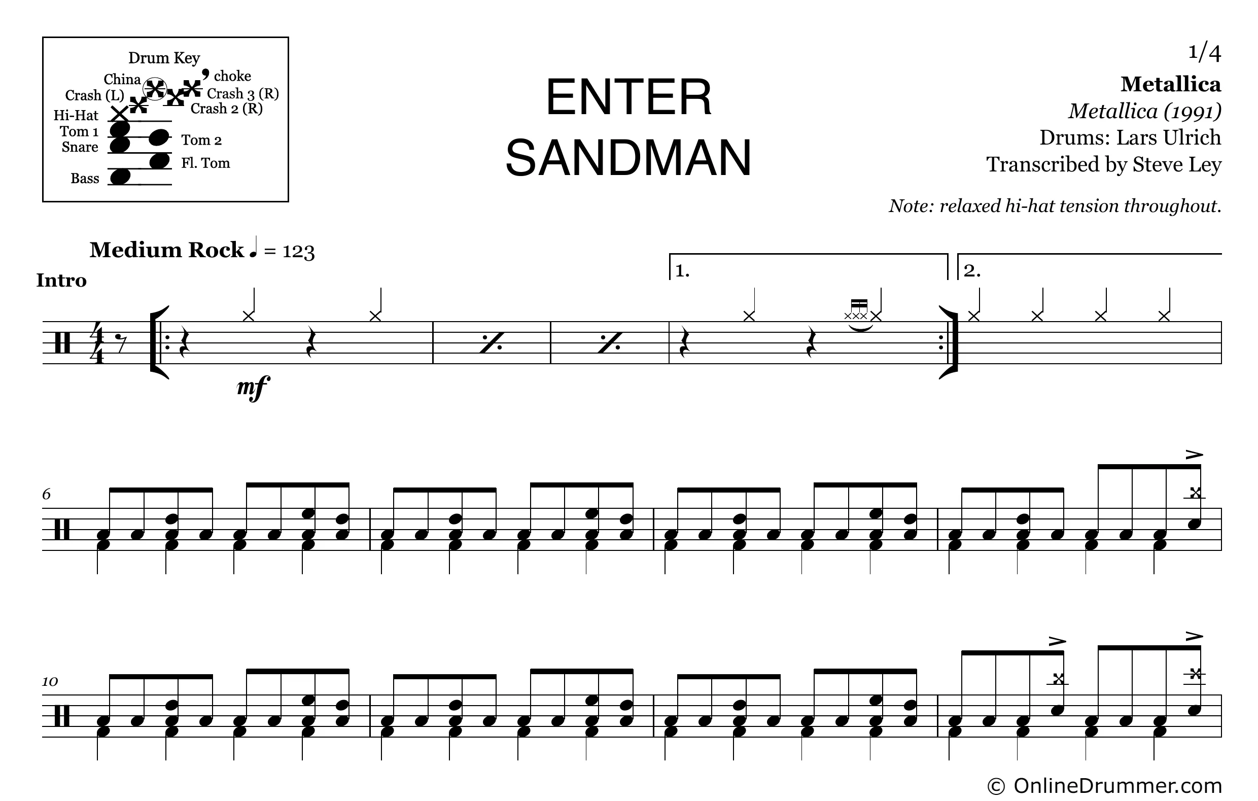 Enter Sandman - Metallica - Drum Sheet Music - Image 3
