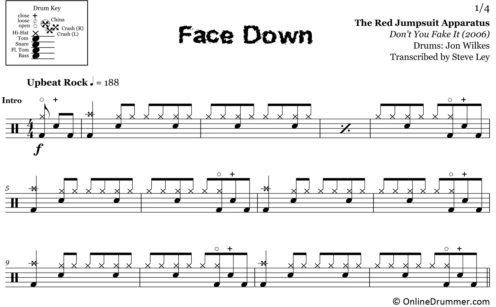 Face Down - The Red Jumpsuit Apparatus - Drum Sheet Music - Image 3