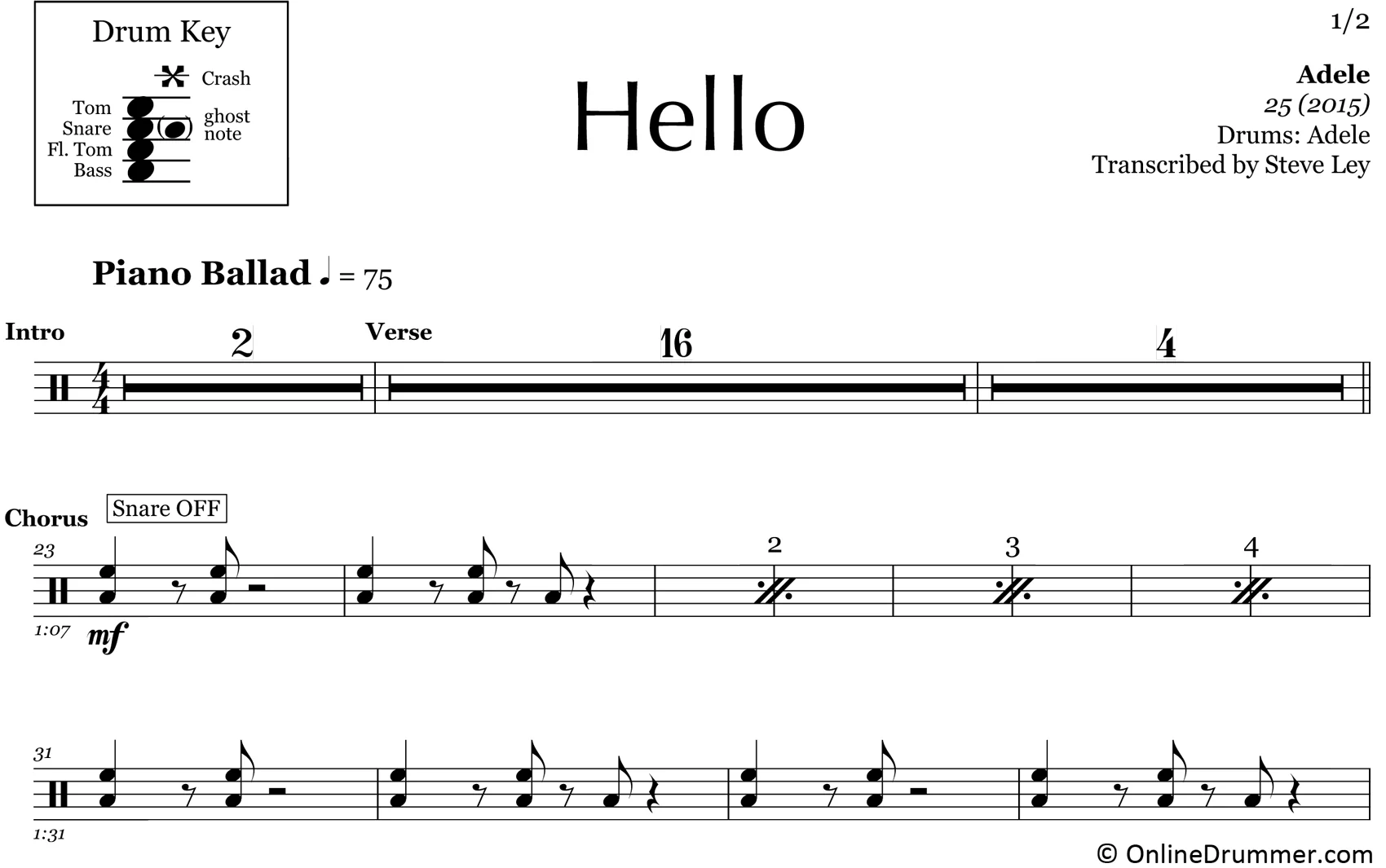Hello - Adele - Drum Sheet Music - Image 3