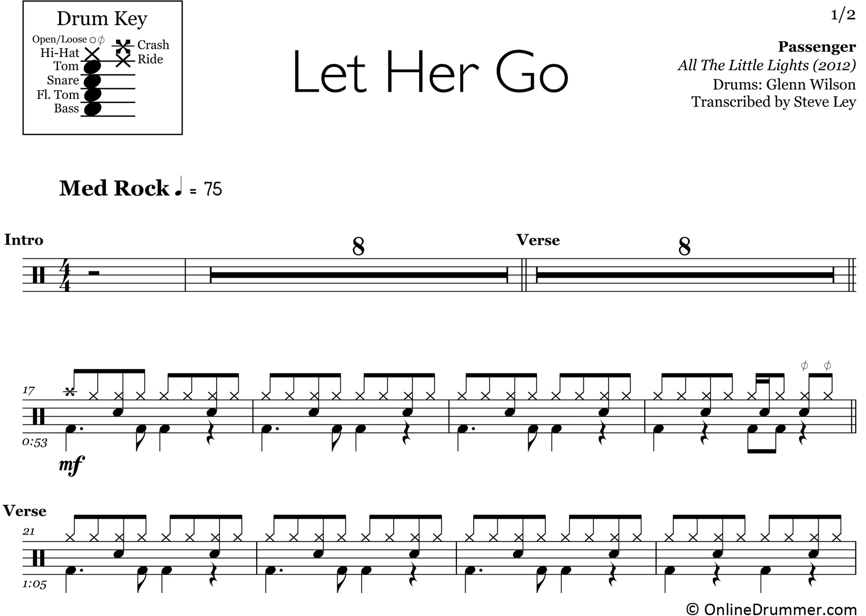 Let Her Go - Passenger - Drum Sheet Music - Image 3