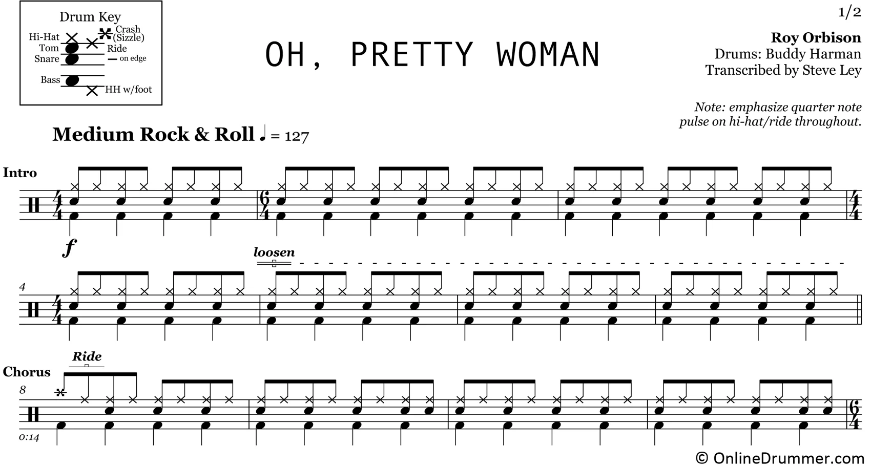 Oh, Pretty Woman - Roy Orbison - Drum Sheet Music - Image 3