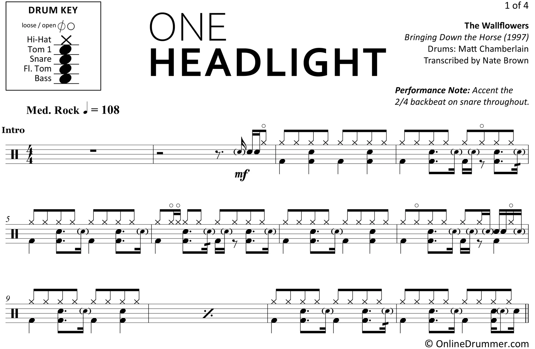 One Headlight - The Wallflowers - Drum Sheet Music - Image 3