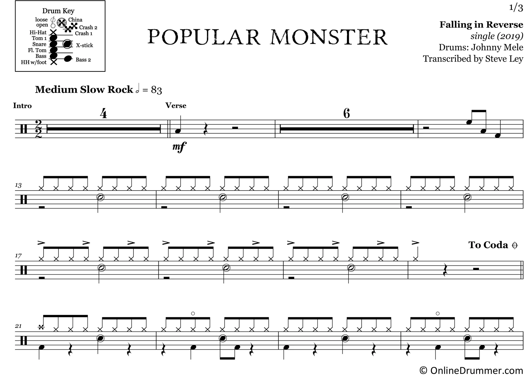 Popular Monster - Falling in Reverse - Drum Sheet Music - Image 3