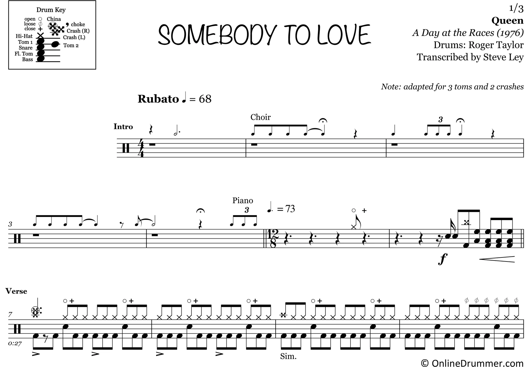 Somebody To Love - Queen - Drum Sheet Music - Image 3