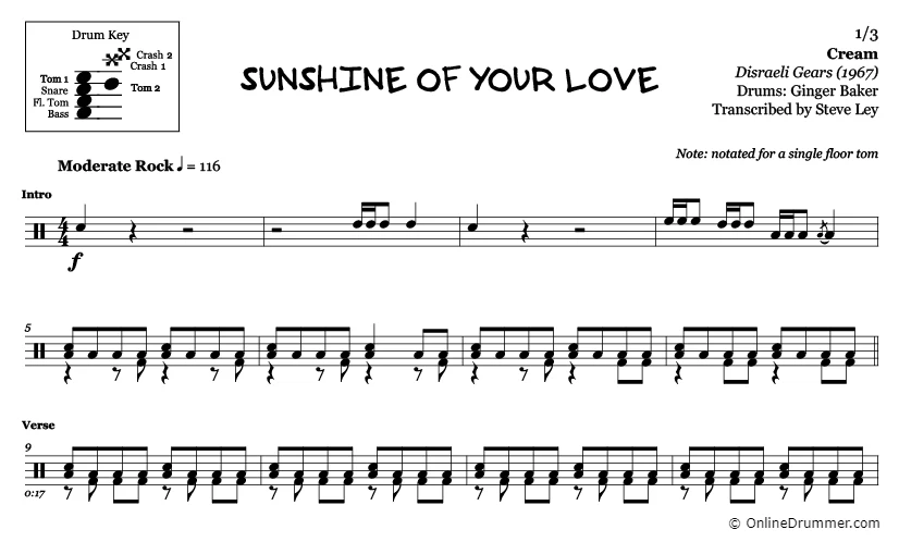 Sunshine of Your Love - Cream - Drum Sheet Music - Image 3