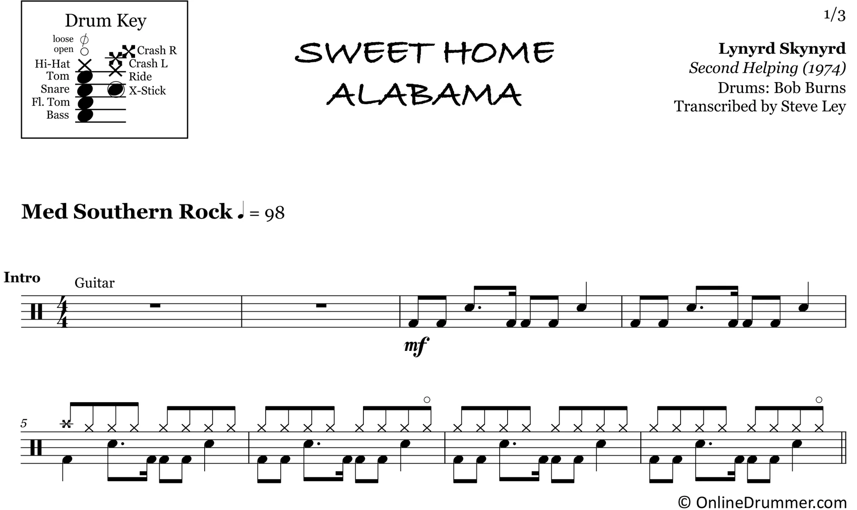Sweet Home Alabama - Lynyrd Skynyrd - Drum Sheet Music - Image 3