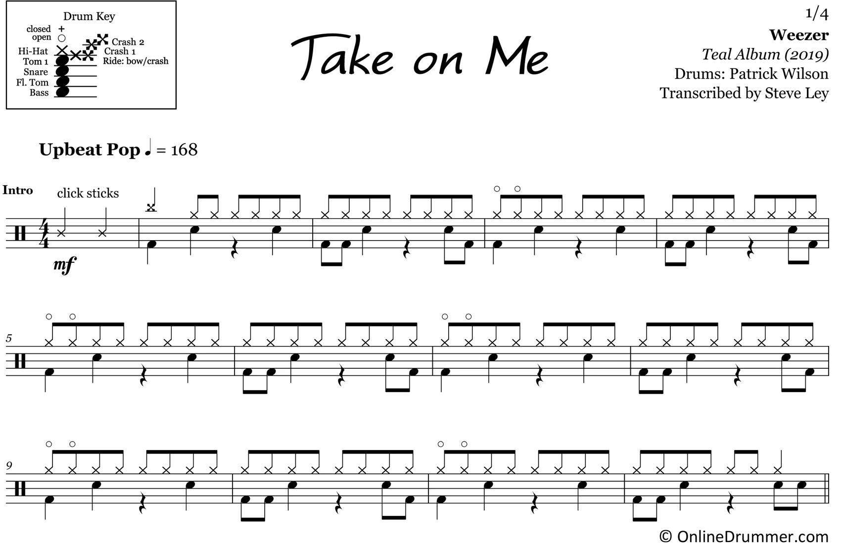Take on Me - Weezer - Drum Sheet Music - Image 3