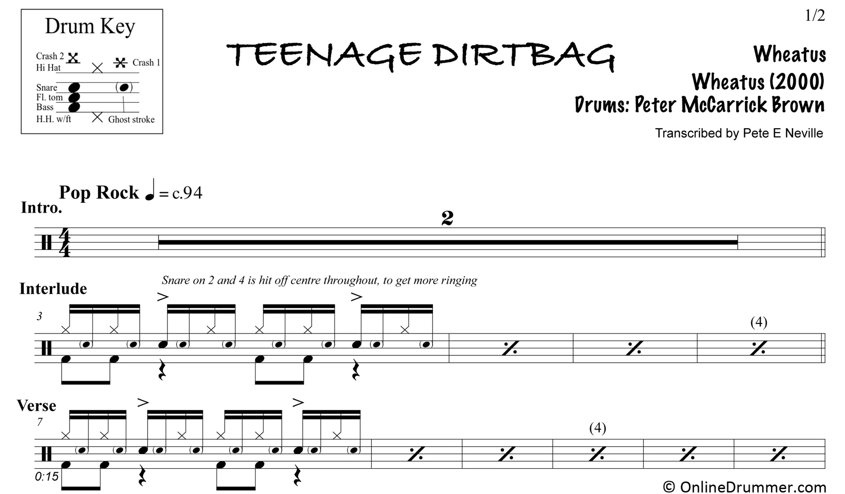 Teenage Dirtbag - Wheatus - Drum Sheet Music - Image 3