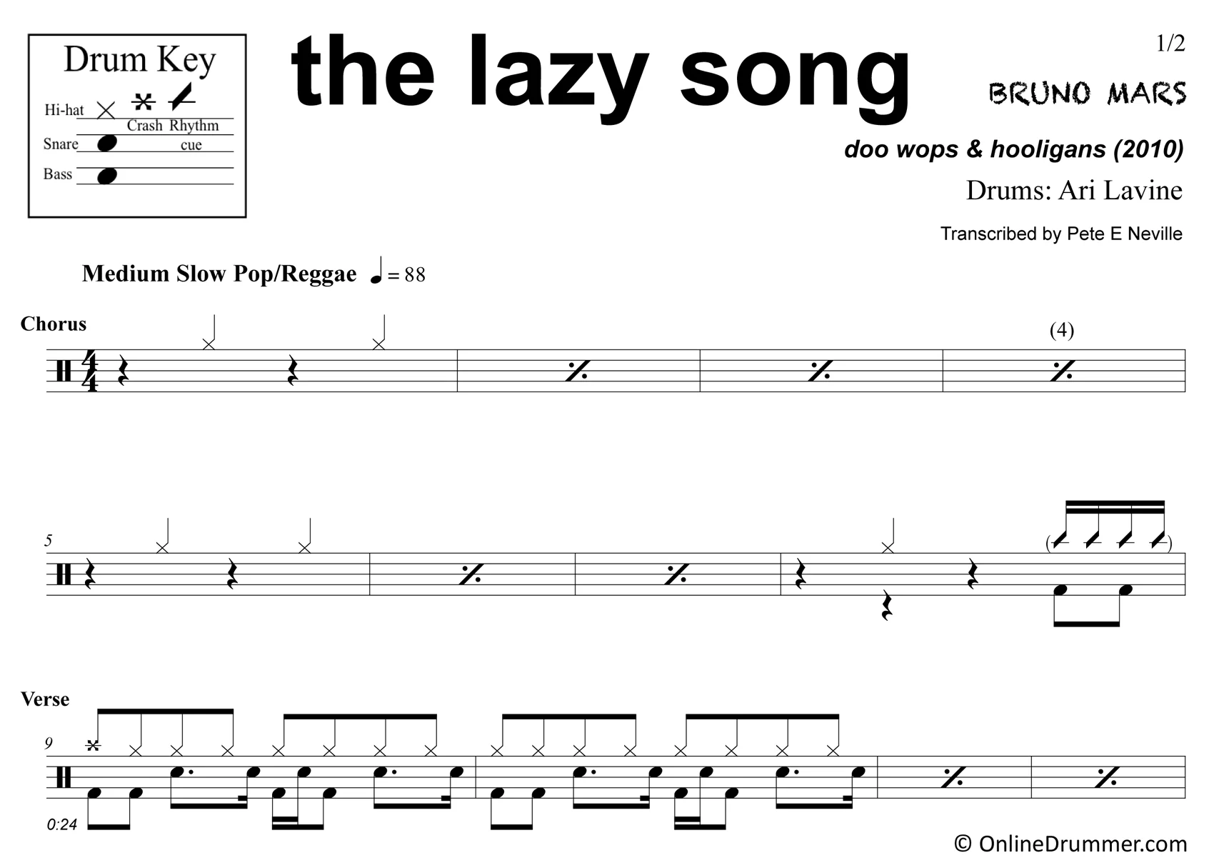 The Lazy Song - Bruno Mars - Drum Sheet Music - Image 3
