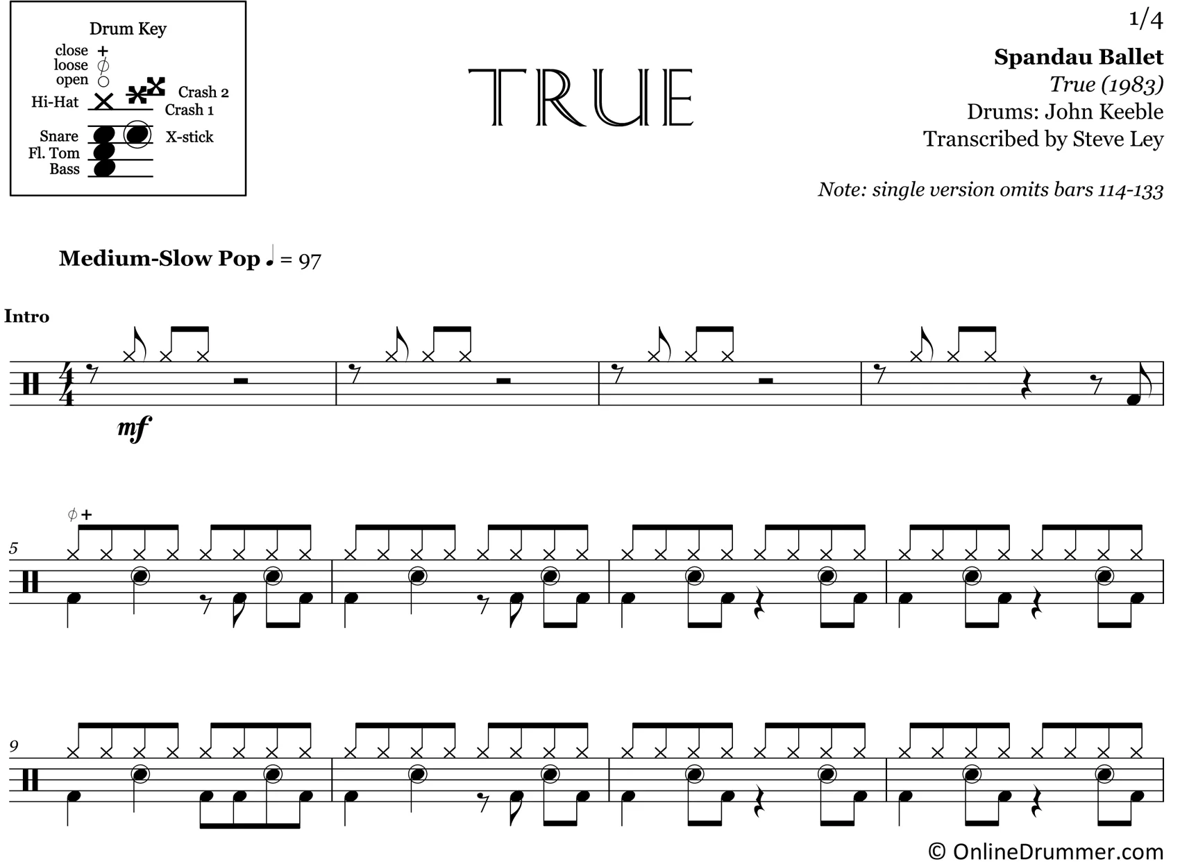 True - Spandau Ballet - Drum Sheet Music - Image 3