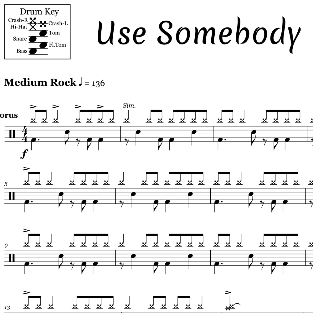 Use Somebody - Kings of Leon - Drum Sheet Music - Image 2