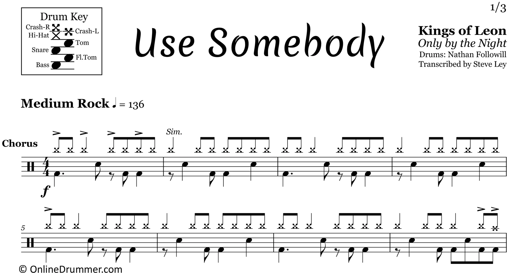 Use Somebody - Kings of Leon - Drum Sheet Music - Image 3