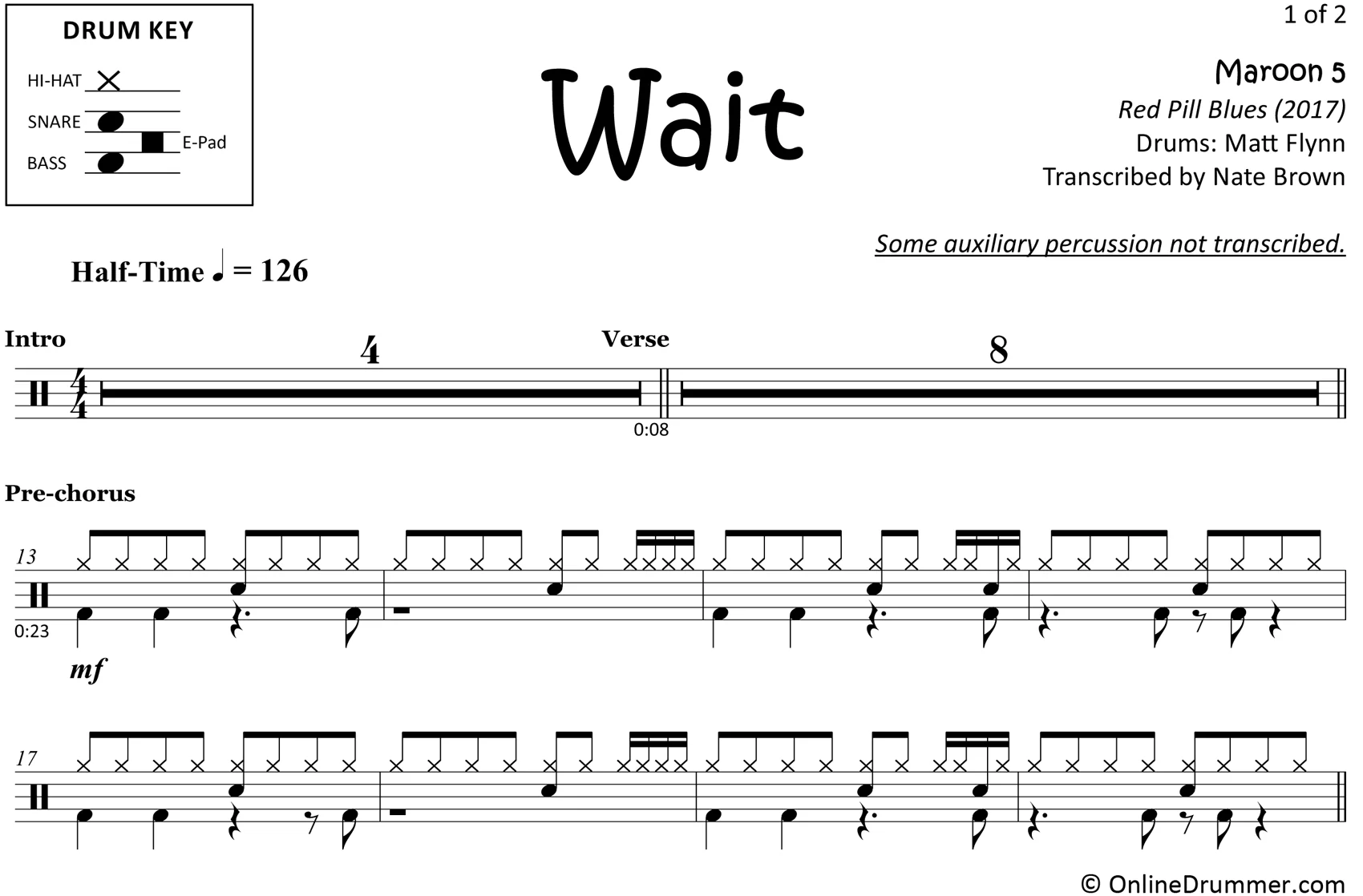 Wait - Maroon 5 - Drum Sheet Music - Image 3
