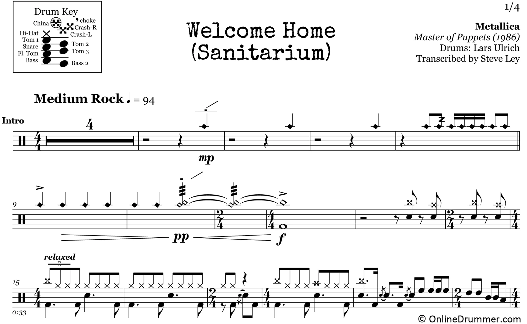 Welcome Home (Sanitarium) - Metallica - Drum Sheet Music - Image 3