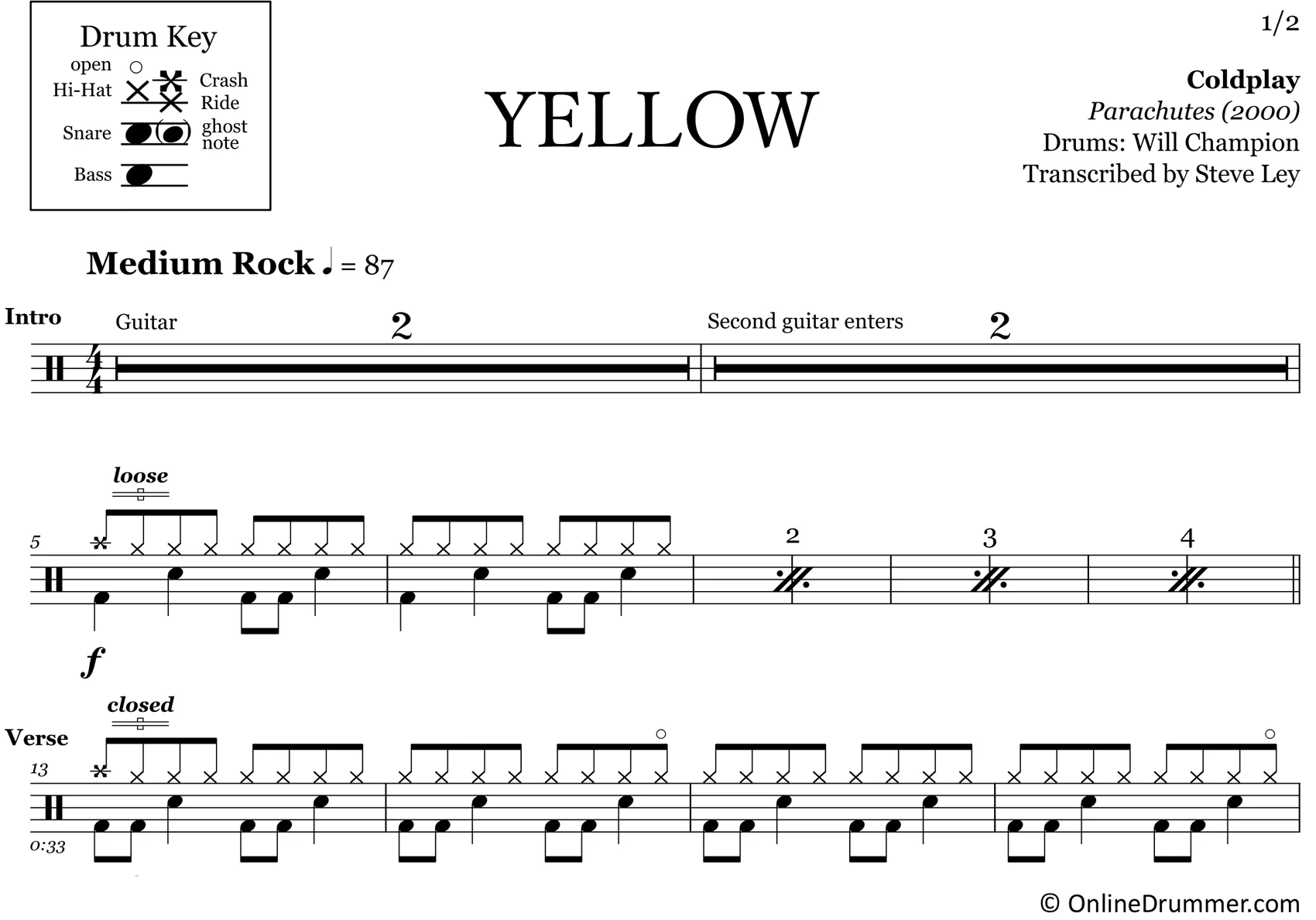 Yellow - Coldplay - Drum Sheet Music - Image 3