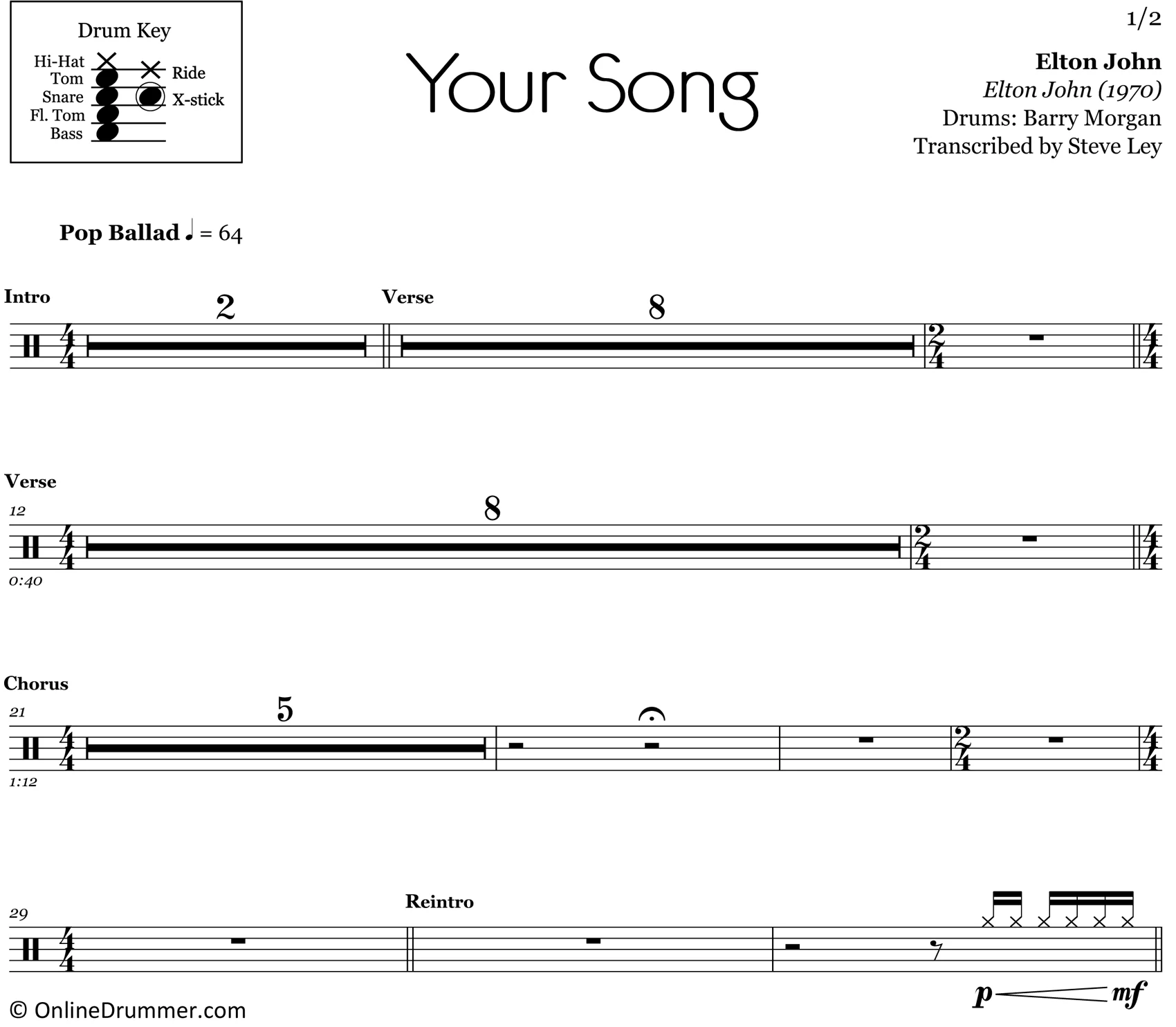 Your Song - Elton John - Drum Sheet Music - Image 3